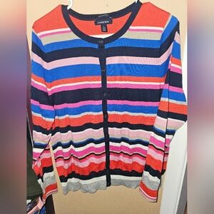 Lands End  Striped Blue & Pink Knit Button Up Cardigan Sweater, L